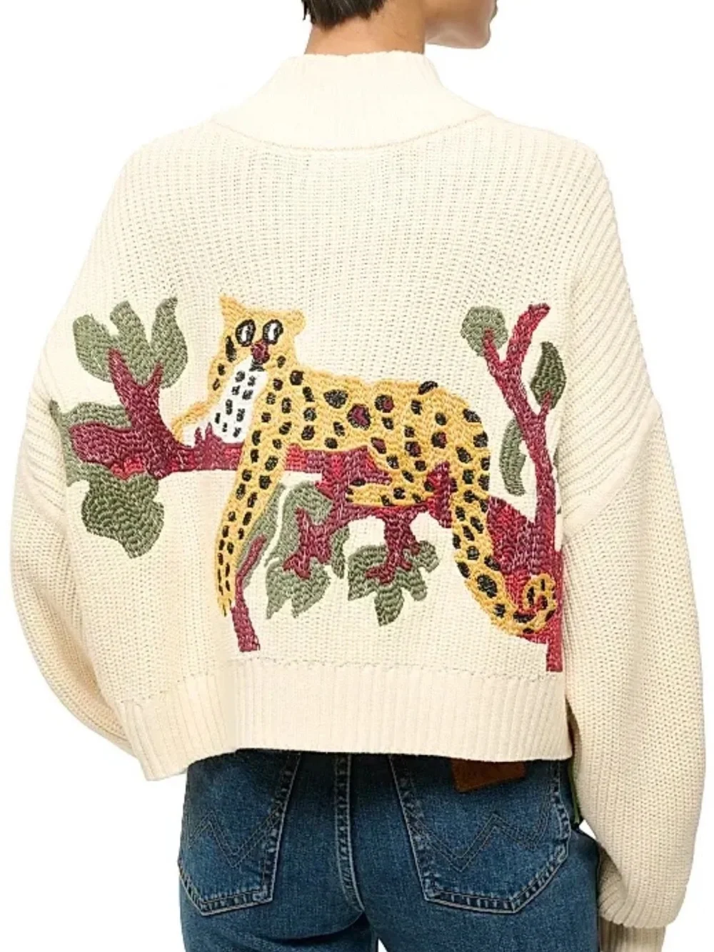 STAUD Cream Cropped Cardigan with Leopard Motif, Size XS, EUC - Picture 5 of 5